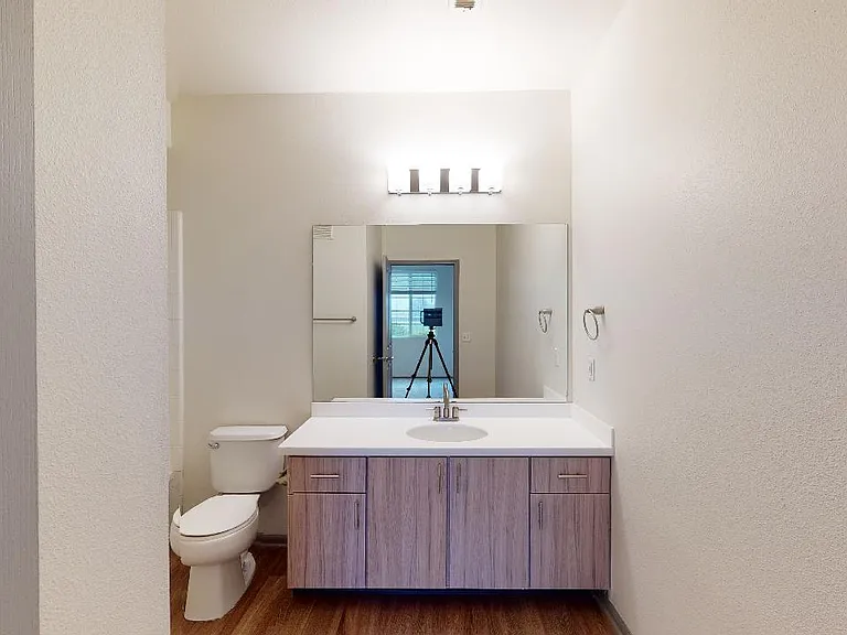 Apartment bathroom with wood-style flooring.