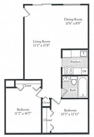 Floor plan 2Bed 1Bath Patio 868 sf