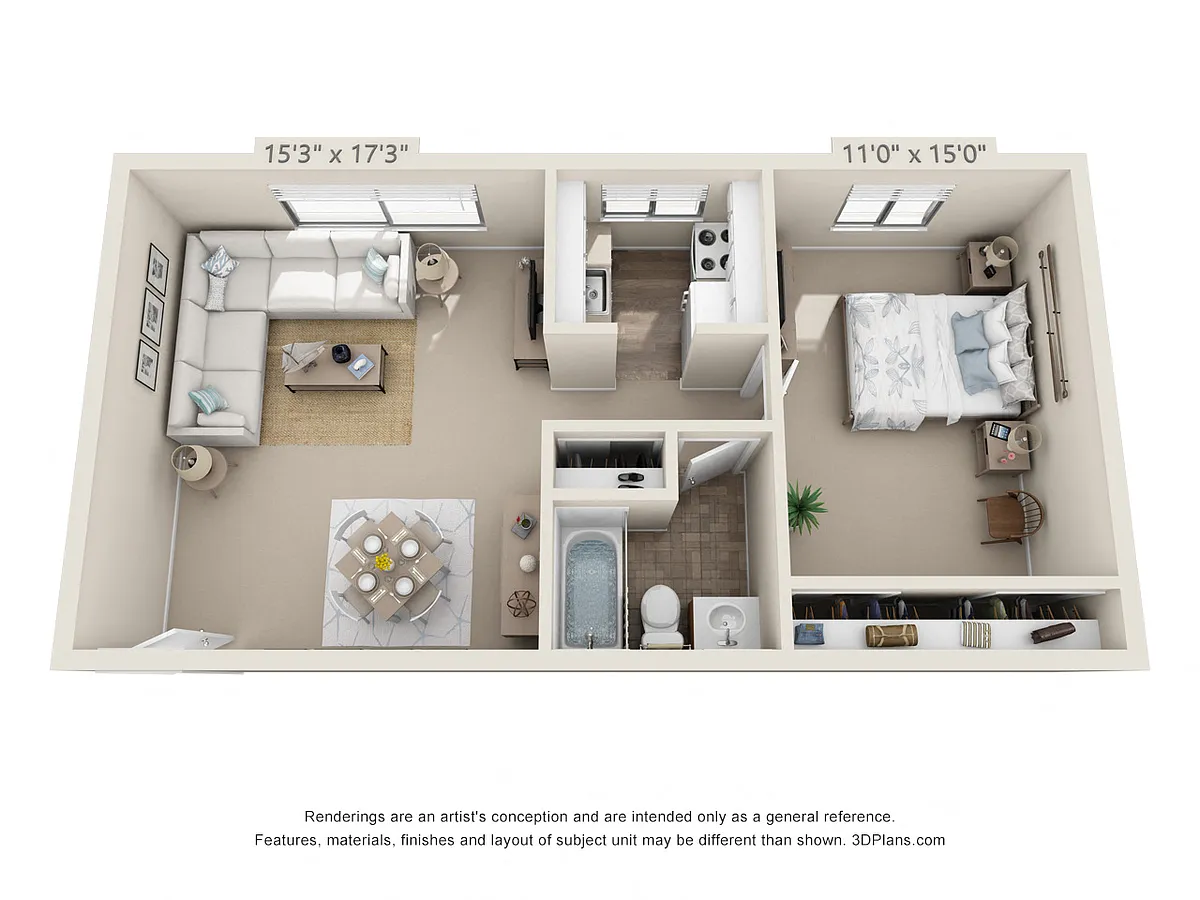 Floor plan 1 Bedroom, 1 Bath (572 Lower)