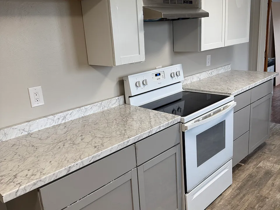 Renovated kitchen includes electric oven, dishwasher, refrigerator, and microwave.