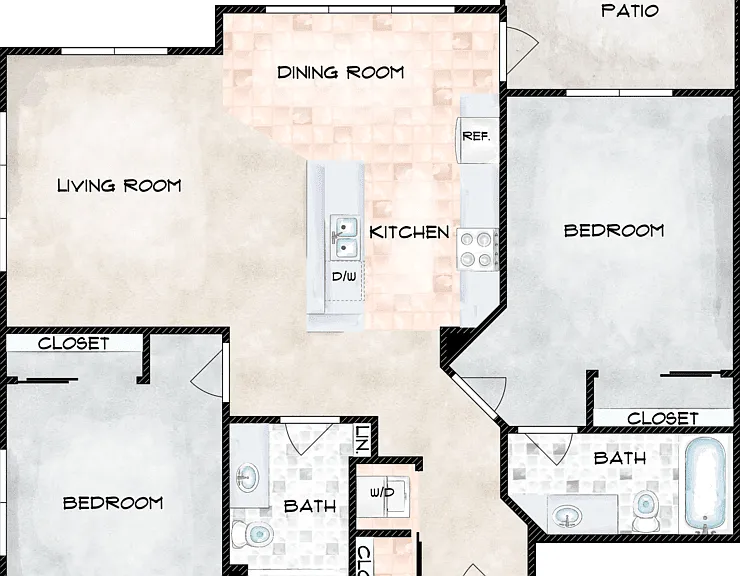2 Bedroom 2 Bath A Floorplan Diagram