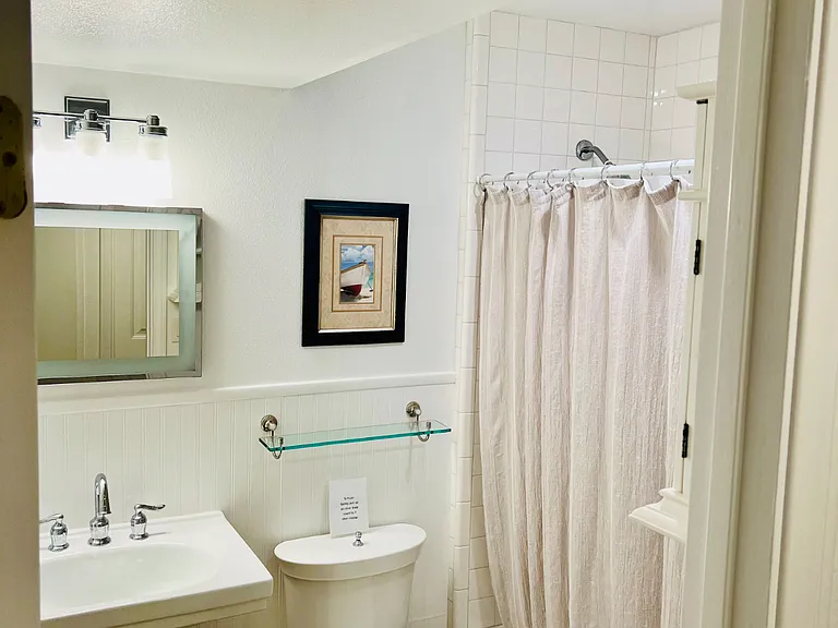 Guest bathroom which also serves the living area has a shower and bathtub