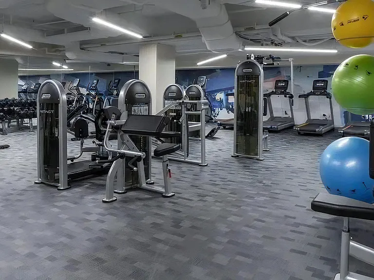 Fitness Studio With Weight Machines, Treadmills, and Exercise Balls