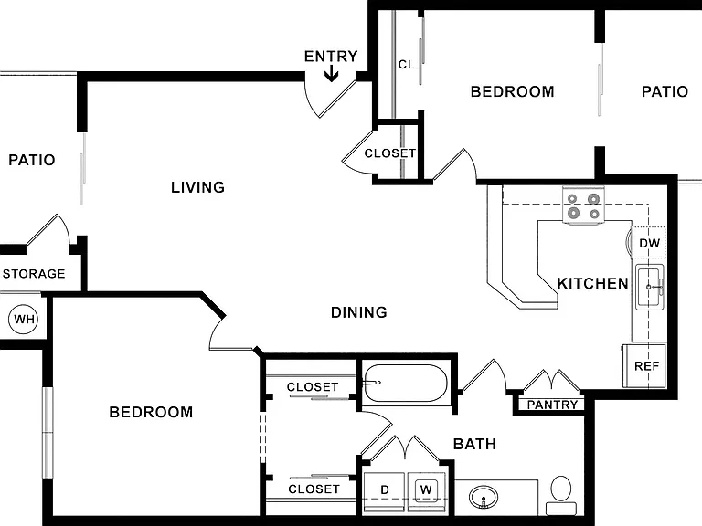 2 BD / 1 BA, 818-833 SF