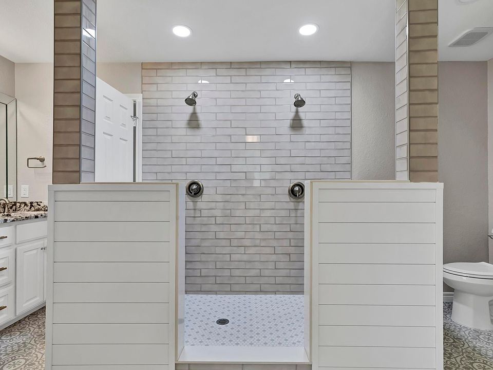 Amazing dual head shower with gorgeous bead board