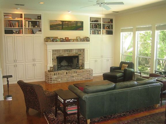 Greatroom fireplace, with built-in bookshelves, stereo and TV areas.  Wired.