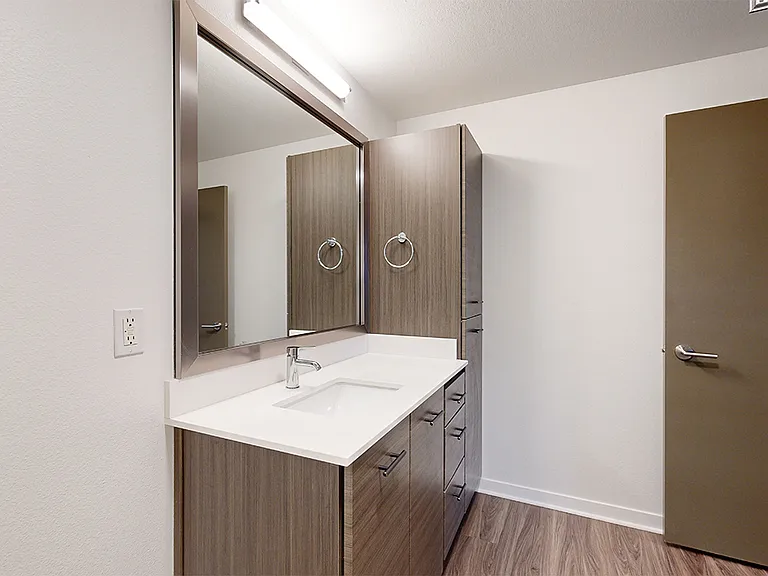 Apartment bathroom with wood-style flooring.