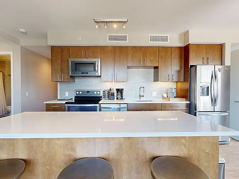 Apartment kitchen with stainless steel appliances, quartz countertops and wood-style flooring.