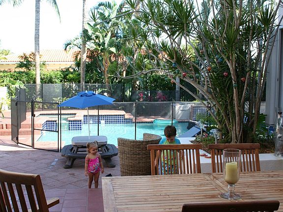 View Of Backyard and pool from patio