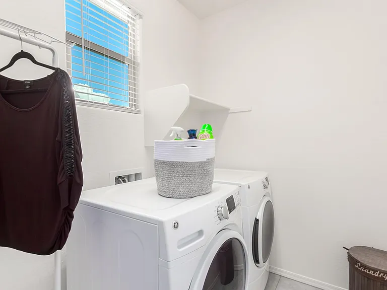 Included as shown in the rents. GE washer+dryer right next to the primary bedroom!