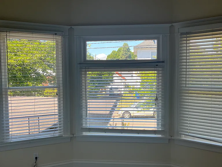 Looking out windows in kitchen to side yard
