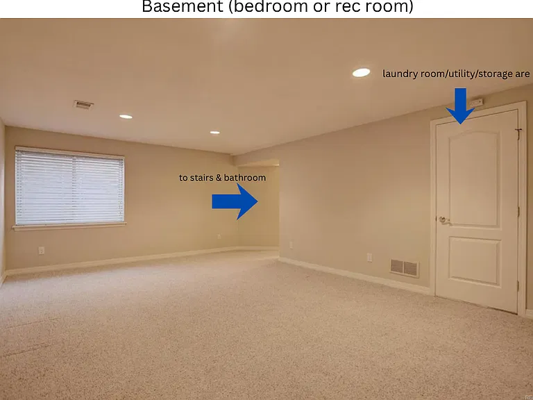 Basement bedroom with walk in closet, attached laundry room, egressed window and 3/4 bathroom