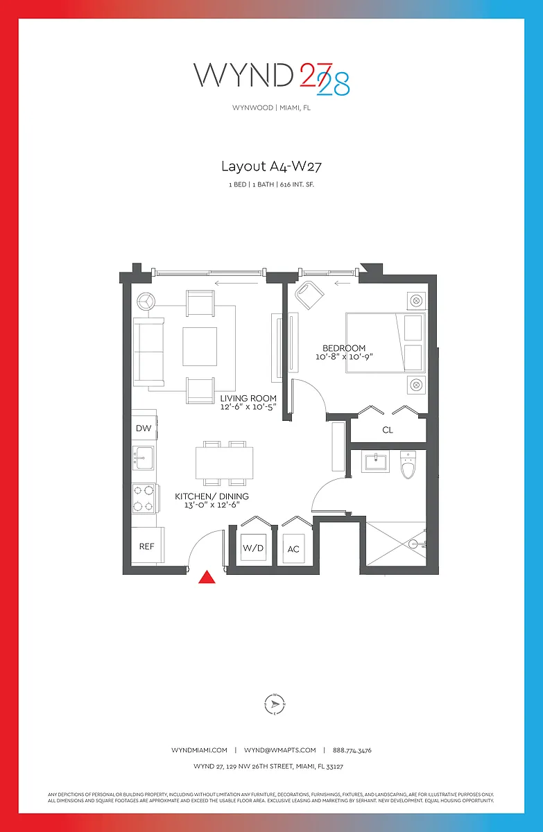 Floor plan W27 - 1BR 1BA (616 SF - A4)