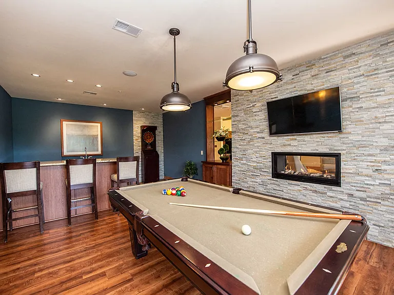 Billiards Room with Darts, Fireplace, TV, and Bar
