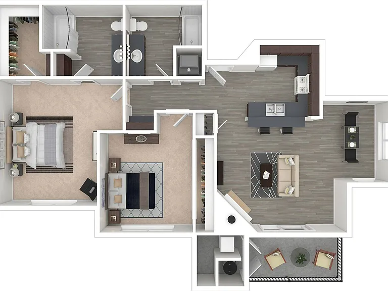 Upper-level corner location apartment home with vaulted ceilings, an open concept kitchen, and a separate dining area. A cozy wood-burning fireplace, central air, heat, entry closet, workstation in the hallway, and walk-in closet in the primary bedroom ma
