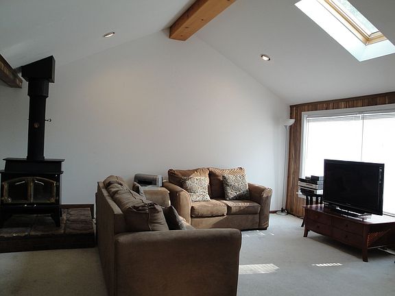 great room, wood stove