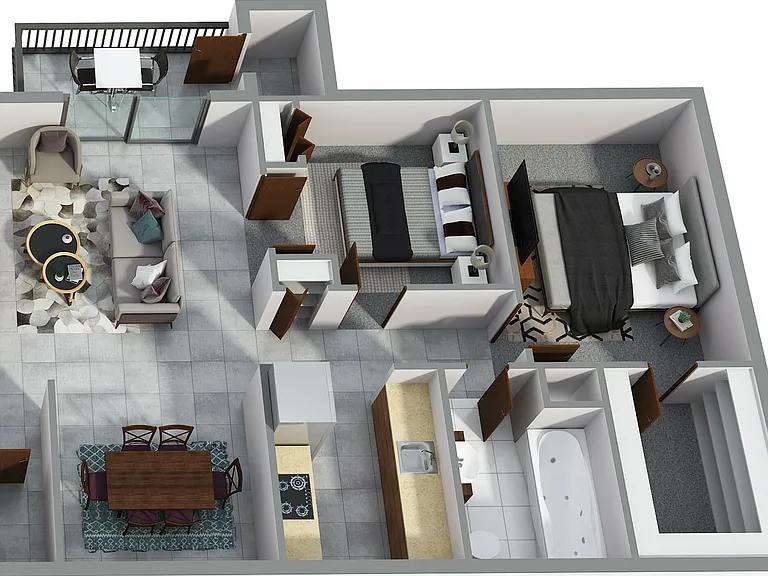 Two-Bedroom, One-Bathroom 3D Furnished Floor Plan Rendering Two-Bedroom, One-Bathroom 3D Furnished Floor Plan Rendering