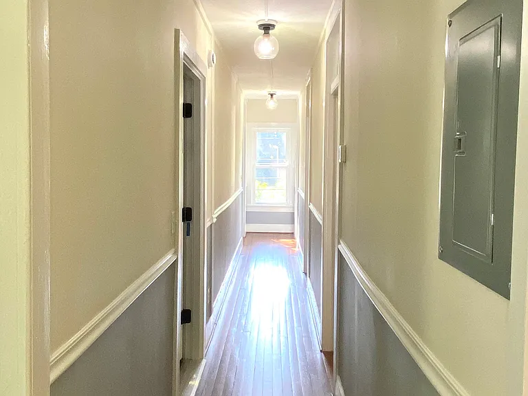 Long, light-filled hallway with original wood floors, period trim, and convenient access to the apartment's newly updated electrical panel.