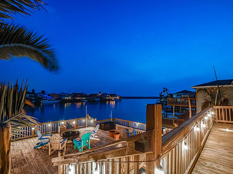 Evening deck views. Lights on timers.