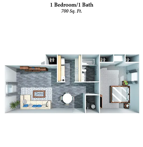 Floor plan 1 Bed, 1 Bath 700SqFt