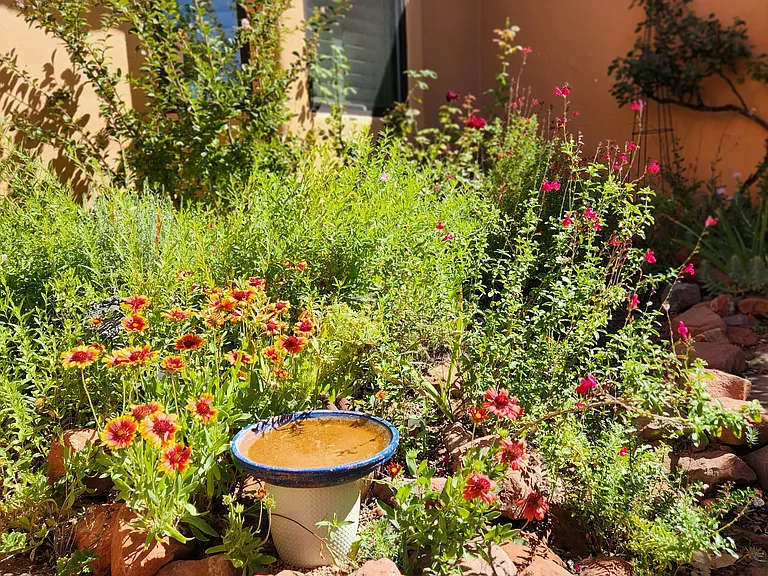 Lush entry garden with many flowering plants. Gardener is provided and water bill paid by owner.