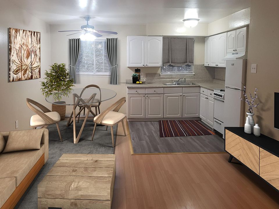 Living room, dining nook & kitchen
