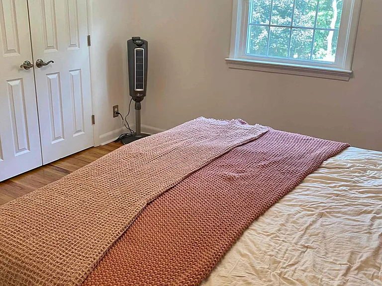 Primary King bedroom with closet and views of backyard