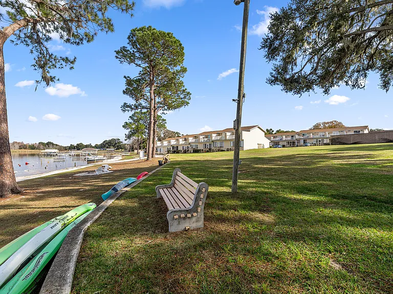 View from the edge of the dock to the condos and lake on left