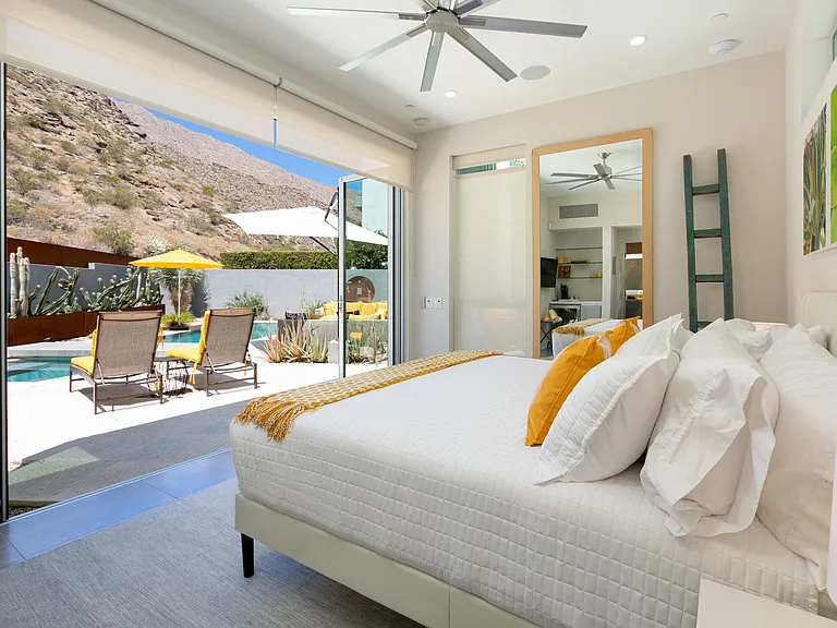 View from inside the casita to pool, garden and outdoor entertaining area.