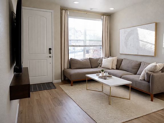 Sun lit living room with main entrance.