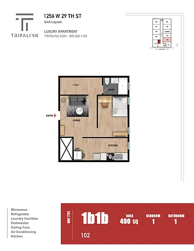 Floor plan 1 Bed 1 Bath - 490 sqft