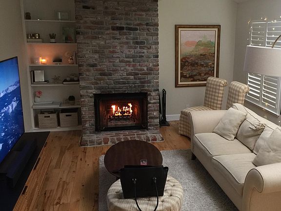 Living room with natural wood-burning fireplace and shelving
