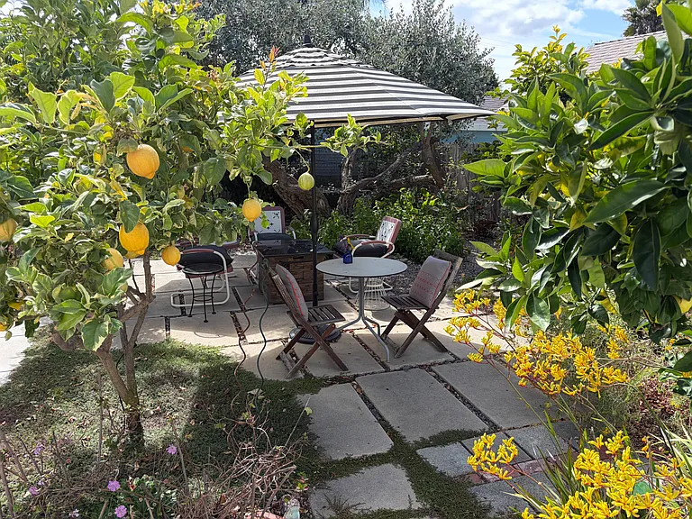Enjoy this Gorgeous Backyard filled with Fruit Trees, Colorful Flowers, and a Firepit Seating Area as part of your tranquil living experience in this Charming 2 BDR/1 BA Retro Row Duplex Apartment.
