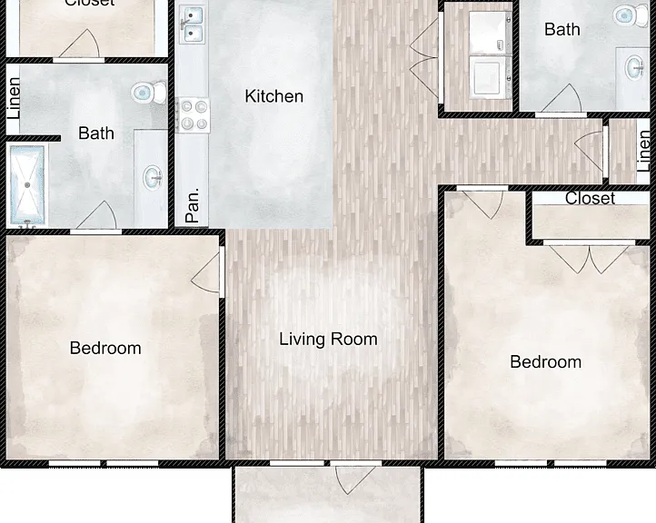 2 Bed 1 Bath Floorplan Diagram