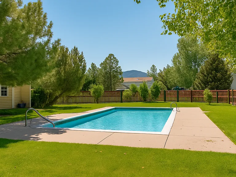 Serene outdoor pool surrounded by tall pines and loungers_perfect for sun-soaked relaxation or a refreshing dip with mountain views in the distance.