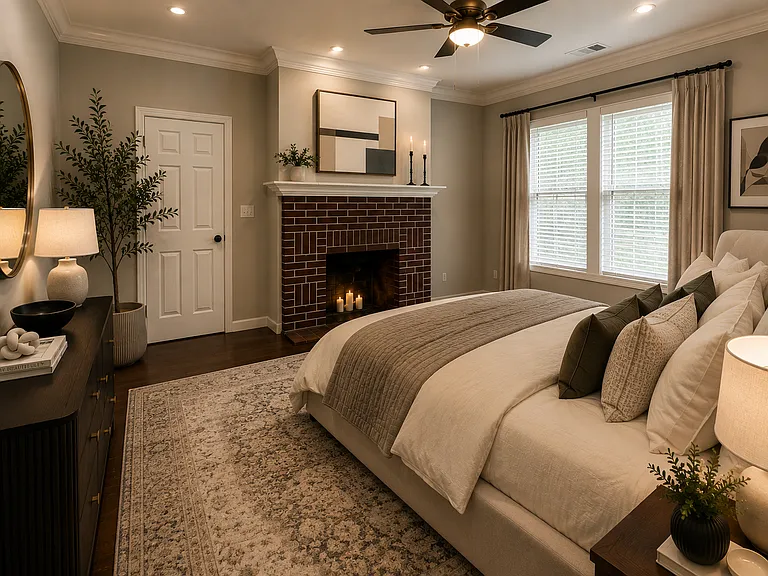 Master bedroom with historic decorative fireplace