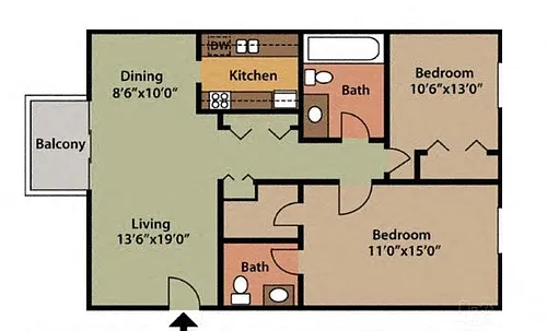 Floor plan Two Bedroom One and One Half Bath Apartments