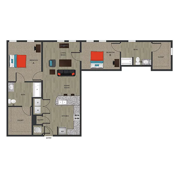 Floor plan B2 - Private Bedroom in 2x2