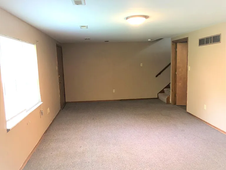 Lower level family room is above grade with a rear door and windows.