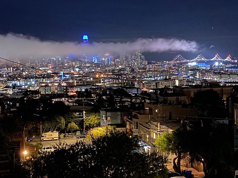 City Skyline & Bay Bridge from Living Room with Piano