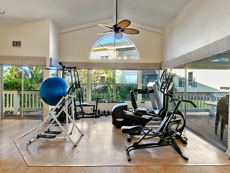 The well-equipped gym has exercise equipment, as well as free weights.