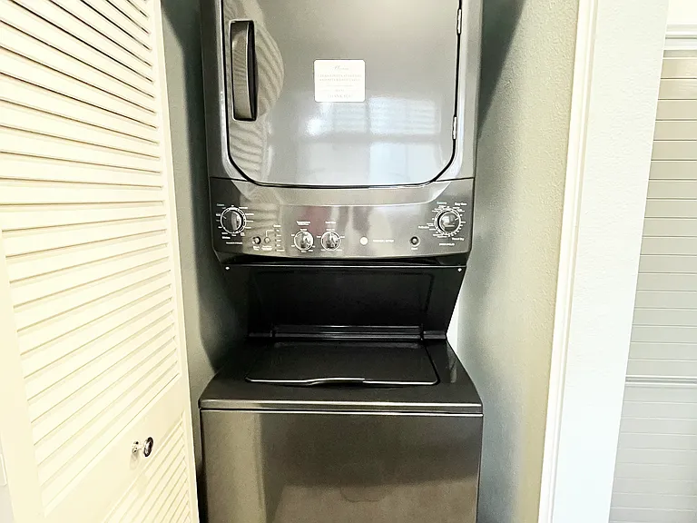 Full-size, brand-new in-unit washer and dryer with starter laundry pods and Bounce sheets making laundry simple and convenient.