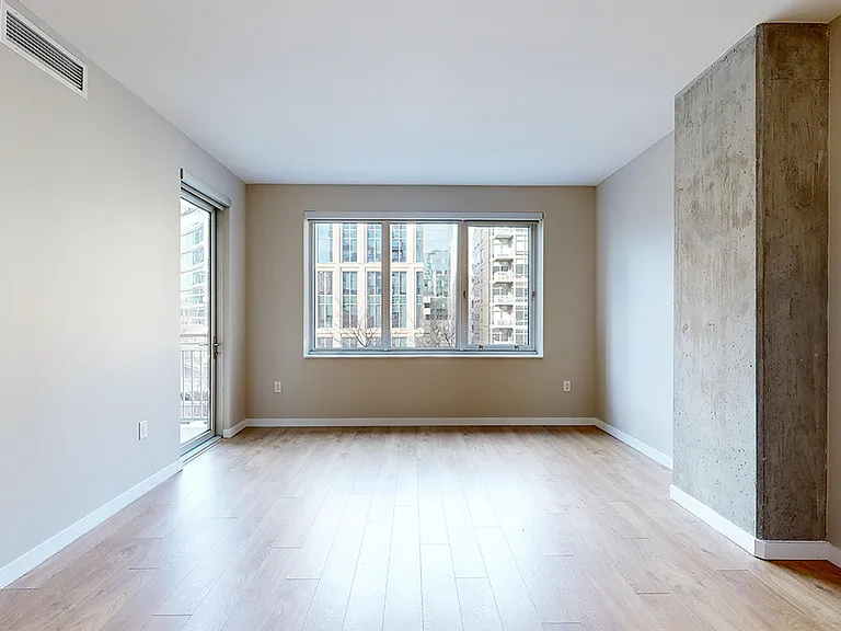 Apartment living room with wood-style flooring.