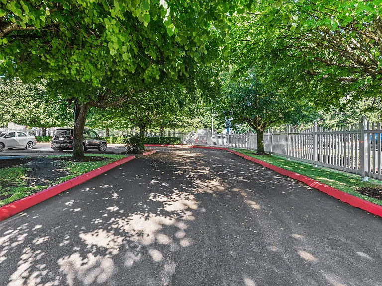 Tree-lined entrance at Orchard Ridge Apartments.