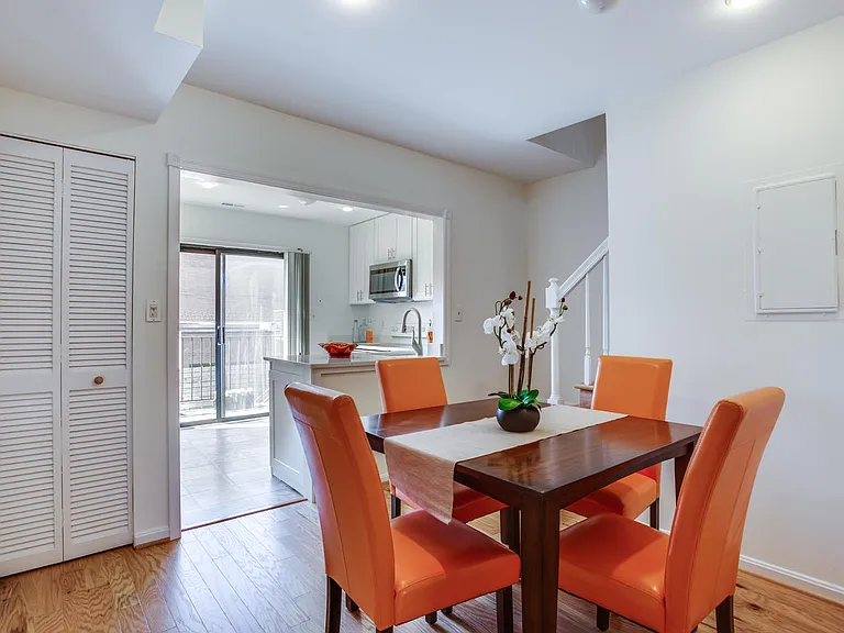 Dining room is spacious and bright.