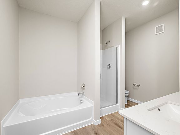 The master bathroom has a dual sink vanity and step in shower and soaking tub.