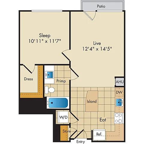 Floor plan 1 Bed 1 Bath-A3b