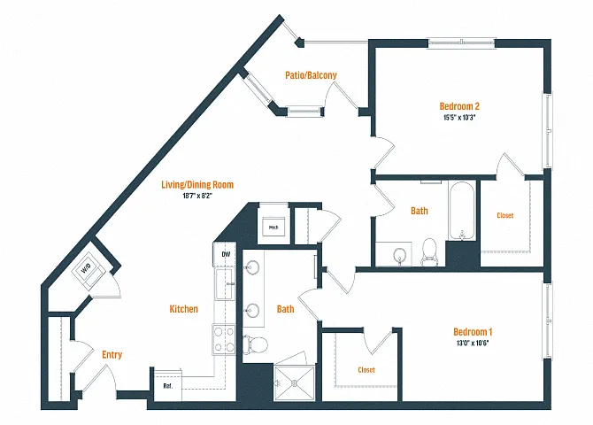 Floor plan B14 | 2 Bed | 2 Bath