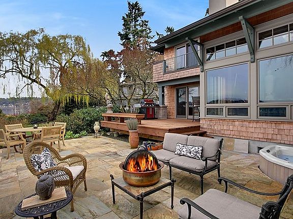 Stone patio with spa