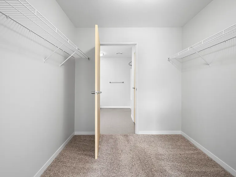 Spacious walk-in closet with carpeted flooring and ample shelving space. Spacious walk-in closet with carpeted flooring and ample shelving space.